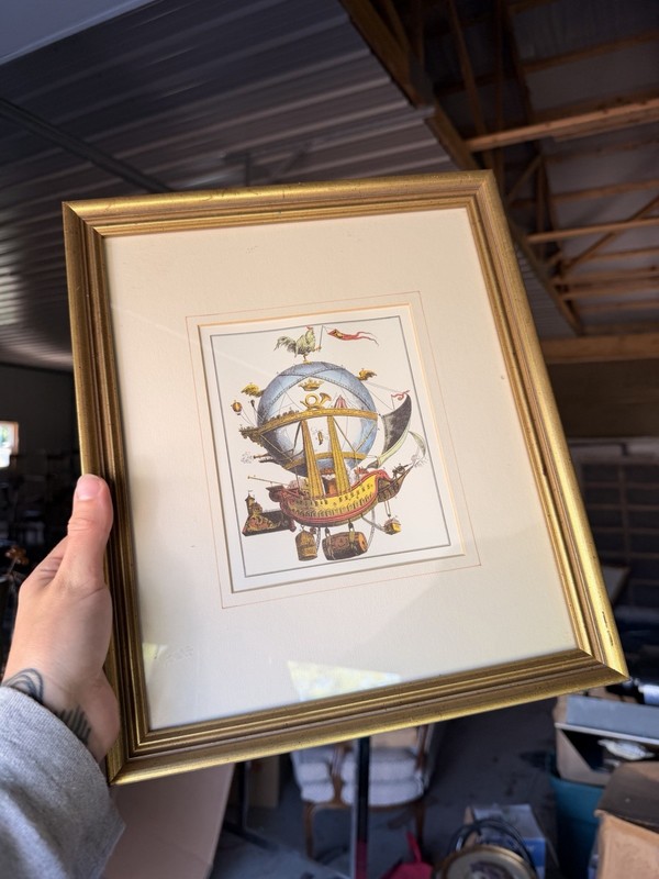 Mid Century Circa 1950’s French Hot Air Balloon Colorful Gold Framed Print 11x14