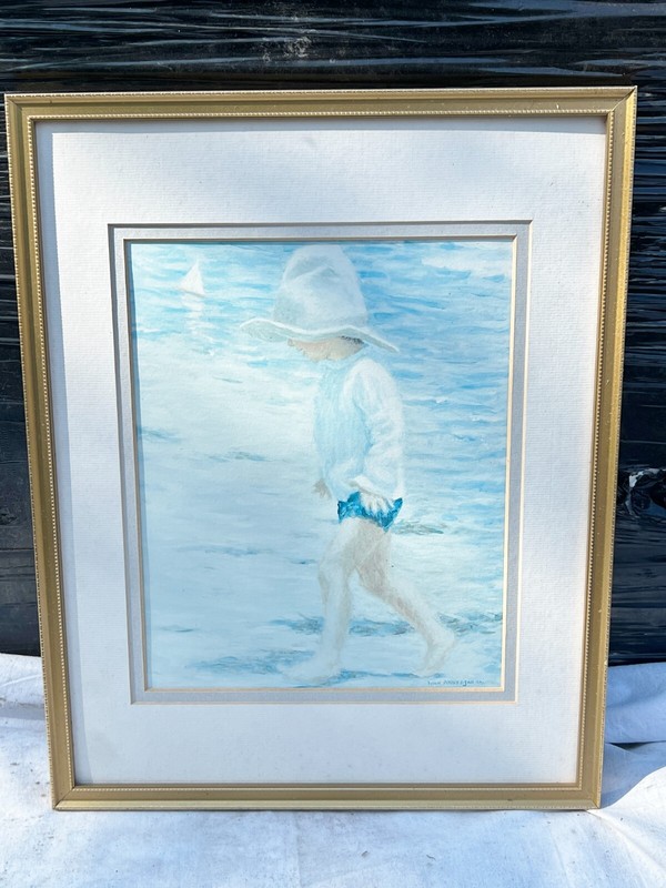 VINTAGE WOODEN FRAMED ART PRINT PICTURE BOY AT THE BEACH IVAN ANDERSON