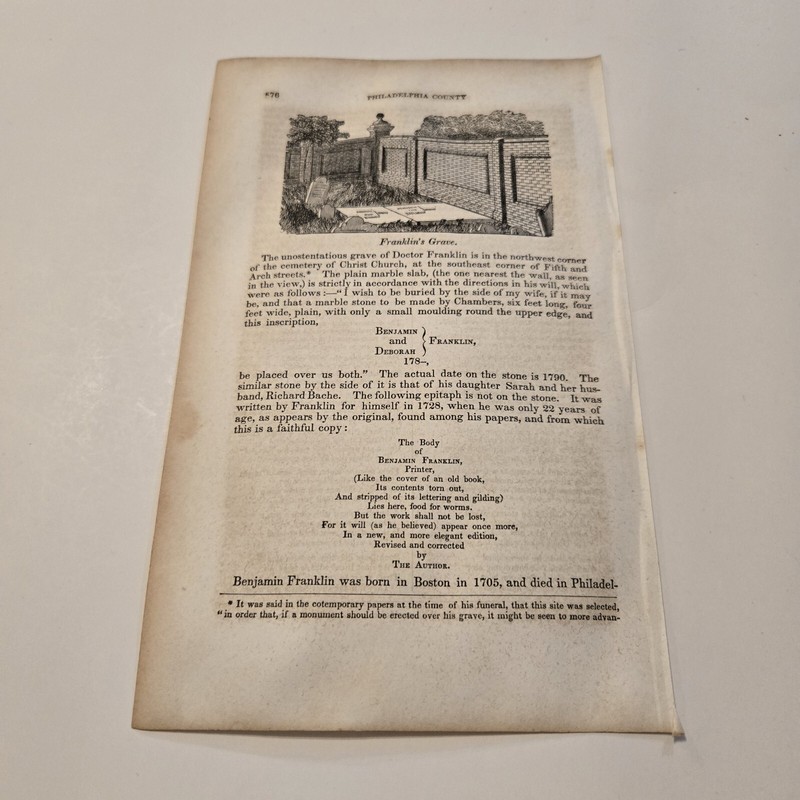 Benjamin Franklin's Grave Philadelphia Pennsylvania c. 1843 Engraving (376)