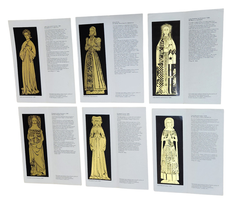 Set of 6 Vintage 1970s English Brass Rubbing Prints Medieval Ladies Royalty Gown