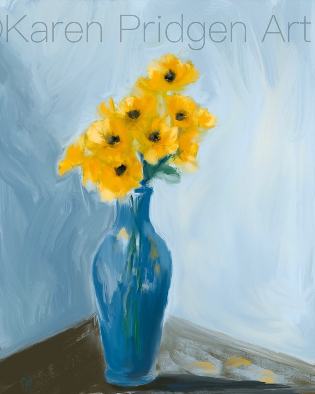 ACEO ATC Art Card Painting Print Signed Yellow Daisies Sunflowers Flower Floral