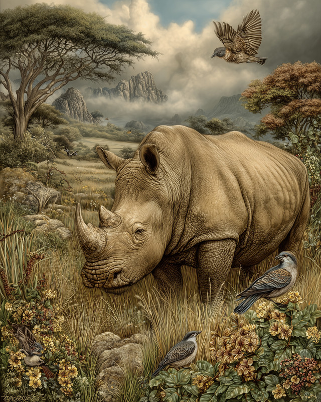 8×10 Rhinoceros in Savanna with Birds Wildlife Art Print – 130691161