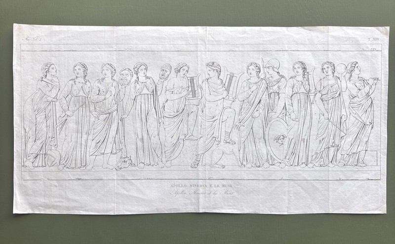 Antique Engraving Greek mythology 1811 Apollo Playing Lyre Minerva and Muses