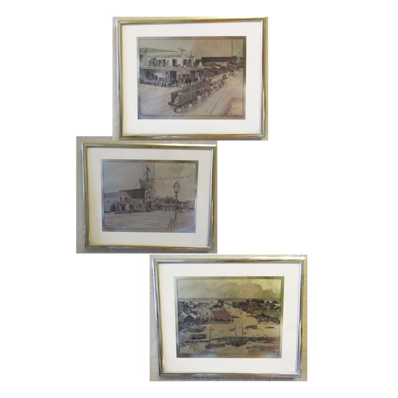 Vintage Set of 3 Bank of Stockton Historical Series 1970 Gold Foil Art Prints gallery