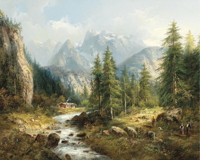 Rustic Mountain Landscape VINTAGE art print 1800’s antique painting