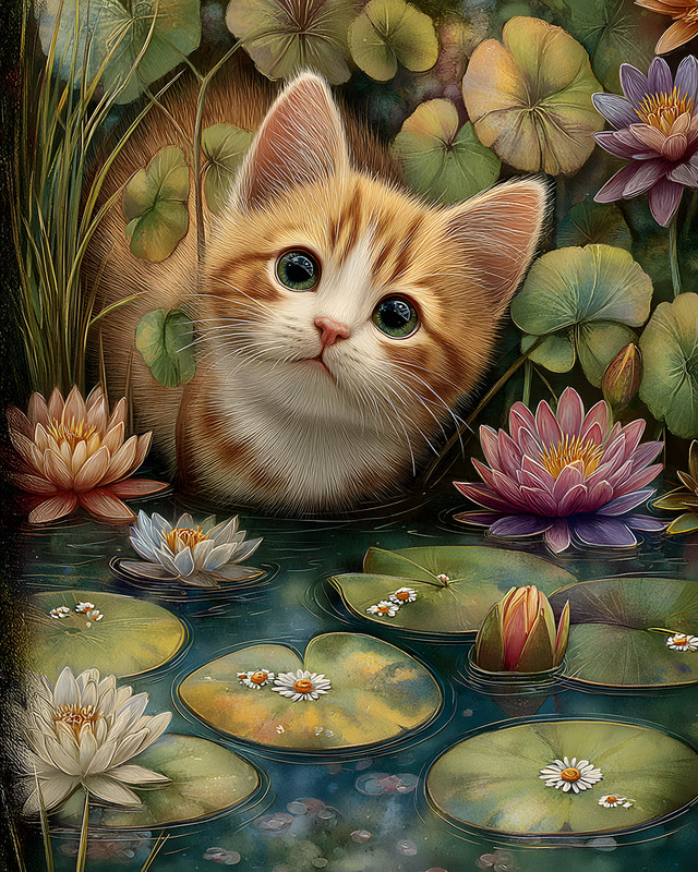 8×10 Cozy Storybook Cat Is Sitting in Water Surrounded By Art Print – 639677642