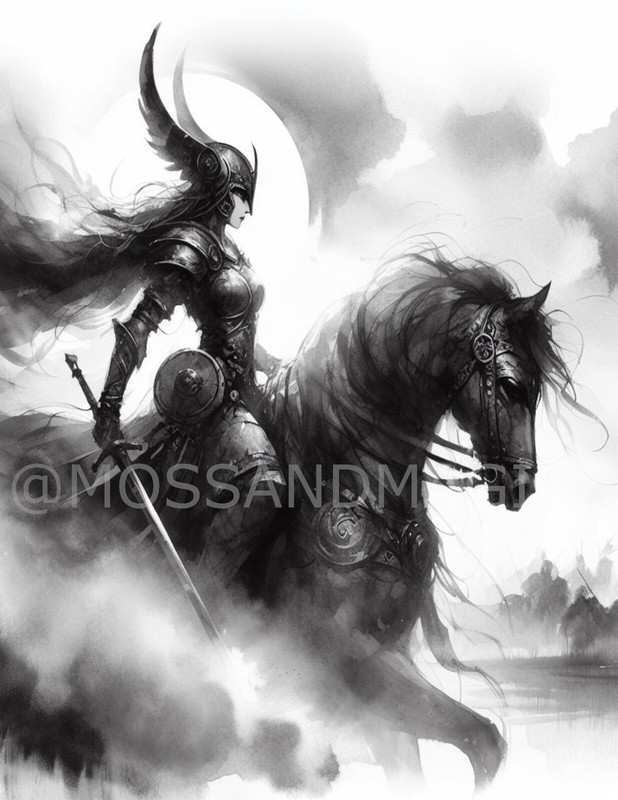 Valkyrie Warrior Viking Fantasy woman Horse Watercolor Painting print B&W art gallery