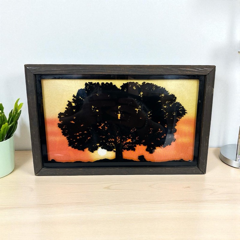 Vintage Framed Tree Silhouette Sunset Reverse Painted Glass Shadowbox 1970s