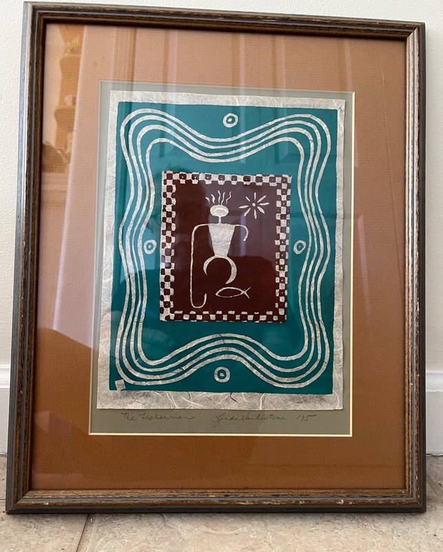 Linda Van Alstine Woodcut The Fisherman Unnumbered Signed Framed