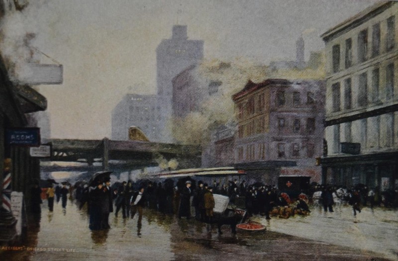 Antique Chicago Illinois Color Art Print Chicago Street Life and Hog Wheel 1908 gallery