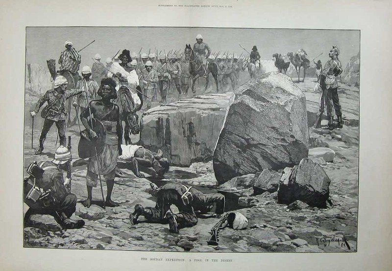 Old Antique Print 1884 Woodville Art Soudan War Water Pool Desert Army 19th