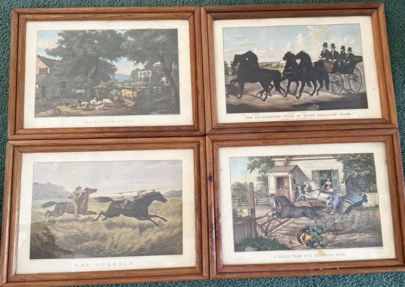 Currier and Ives 50’s calendar Framed Prints Set of 4 Horse Farm & Homestead