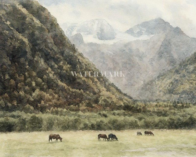 Mountain Meadow Cows Watercolor Art Print Vintage Farm Rustic Landscape Decor