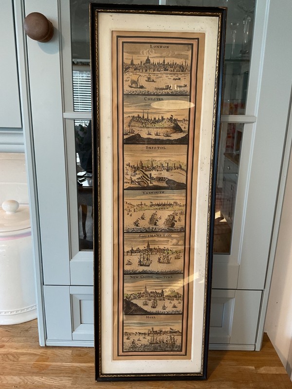 Sutton Nicholls – Framed 18th Century Hand Coloured Engraving of 7 English Ports