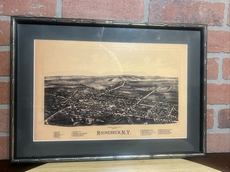 Framed birds eye view Etching Print Of Rhinebeck, New York, Framed, 17.5” x 12.5