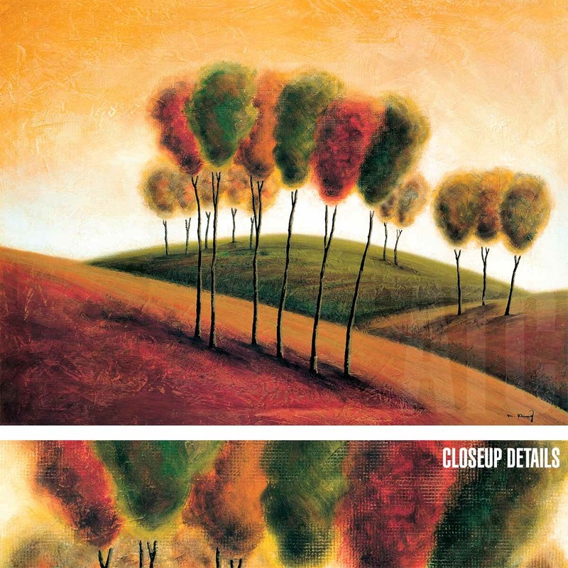 47W»x35H» A NEW MORNING I by MIKE KLUNG – RED GREEN OCHRE TREES HILLS CANVAS
