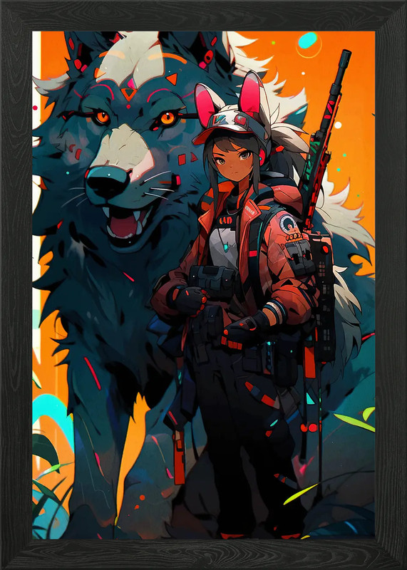 Wolf & Girl Anime Art Framed Wall Art Poster Canvas Print Picture