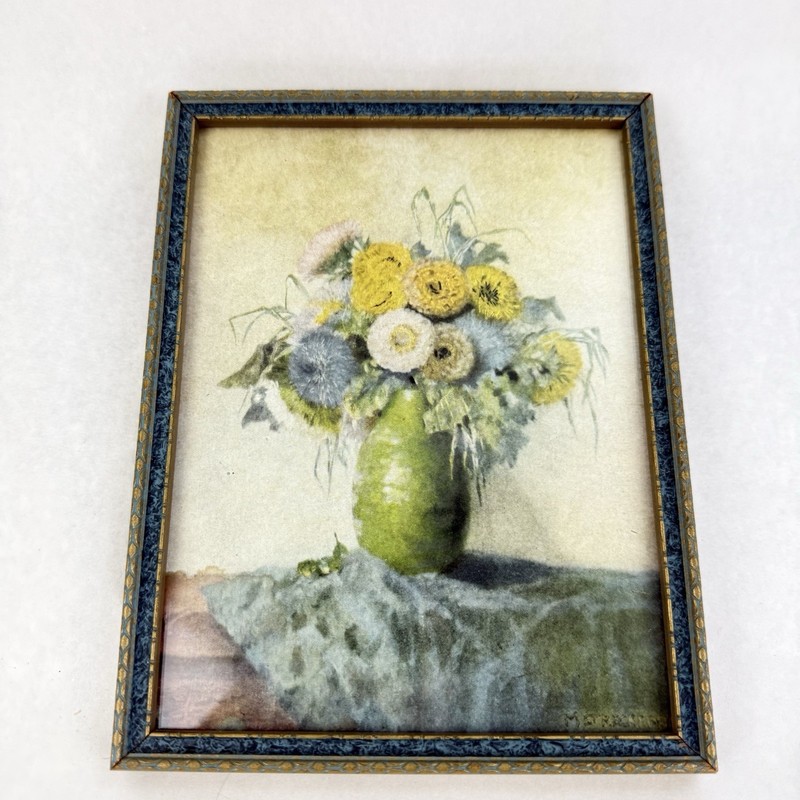 Antique Framed Print of Flowers In Green Vase Wood Blue Gold Frame Small 8” x 6”
