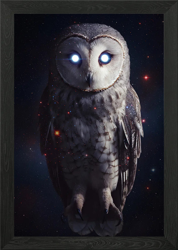 Barn Owl with Glowing Eyes in Space Framed Wall Art Poster Canvas Print Picture