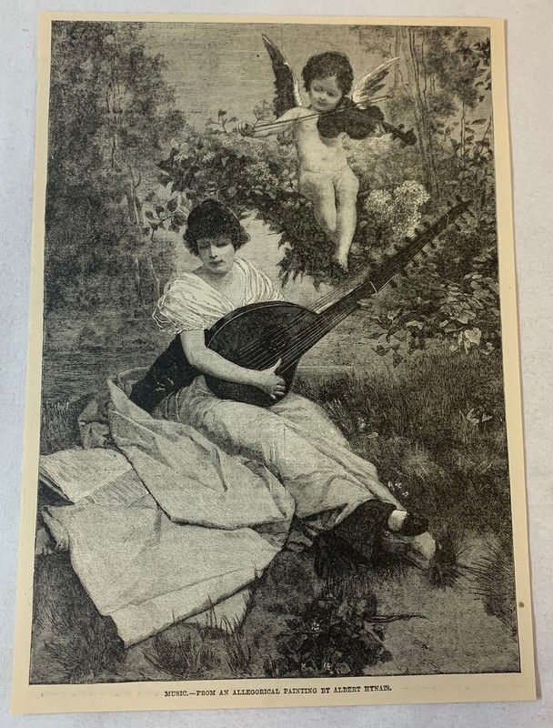 1886 magazine engraving~ WOMAN AND CHERUB PLAYING MUSIC ~ Albert Hynais