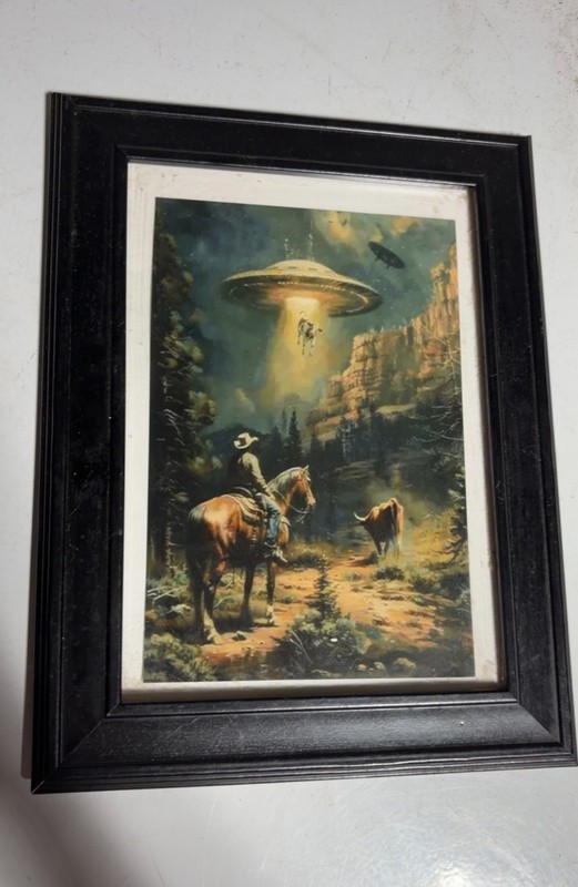 Alien UFO Abducting Cow Cowboy Western Art Print in Frame 7.5″x5.5″