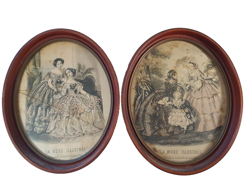 Pair of Vintage La Mode Illustree French Fashion Prints in Oval Wood Frames