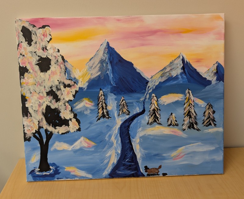 16x 20 Inch Snowy Mountain Painting With Groundhog. Acrylic On Canvas