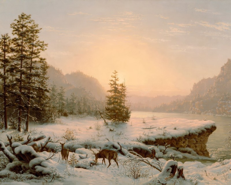 1800s Sunset over Winter Landscape with Deer Giclee Print on Fine Art Paper