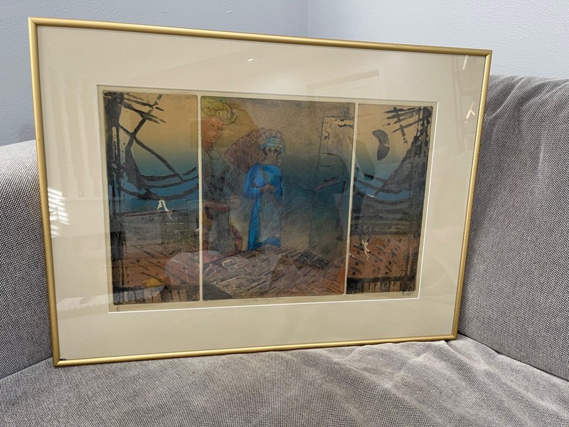 Betto Levinson Chicago Artist Signed Triptych Etching Print The Lady in Blue 1/1