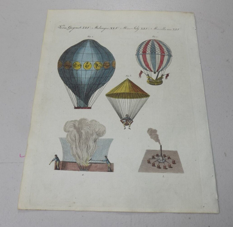 c1785 Antique COLOR Print, Remarkable AERONAUTICA / INVENTION OF BALLOON FLIGHT