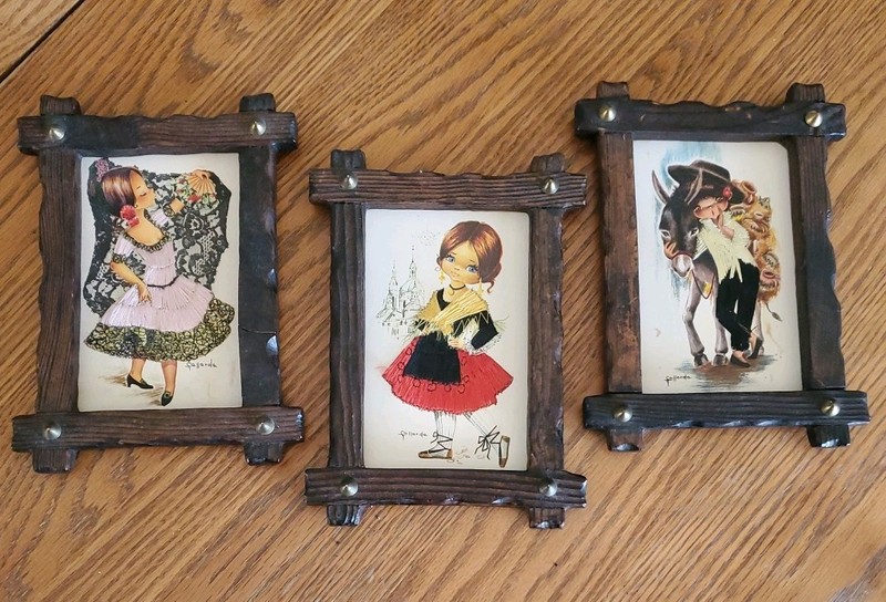 Vintage Callarda, 3 Embroidered Spanish Prints, Wooden Frames Studded Corners.