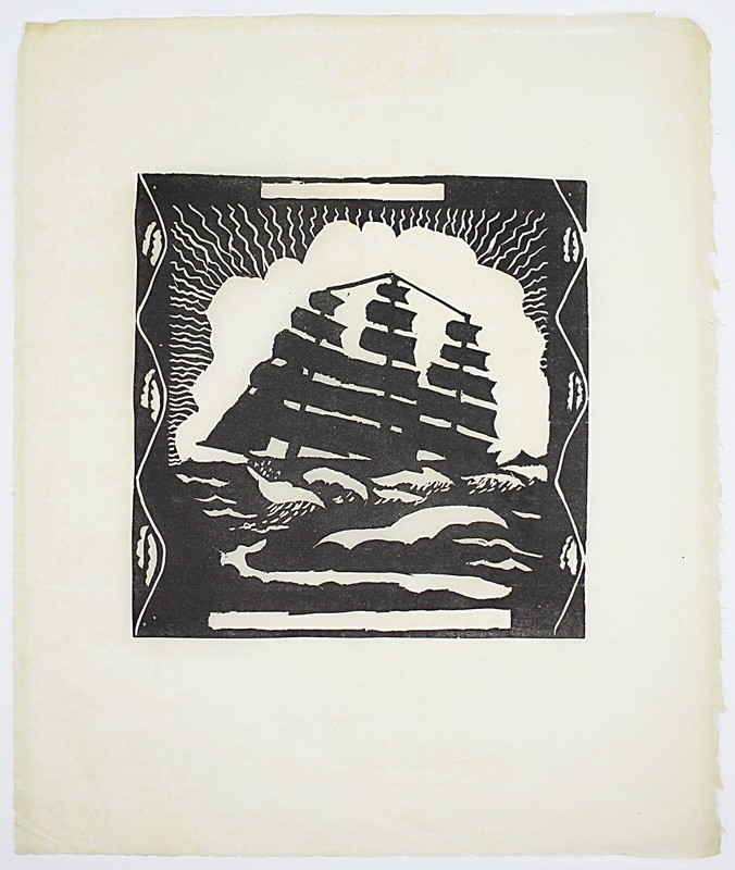 Primitive Folk Art Tile Cut on Paper ca1925 SAILING SHIP 11″ x 14″ overall