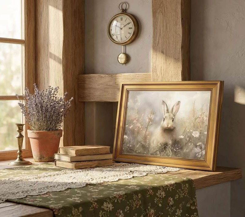 Gold Framed Vintage Easter Bunny Canvas Wall Art Neutral Rabbit Meadow Painti... gallery
