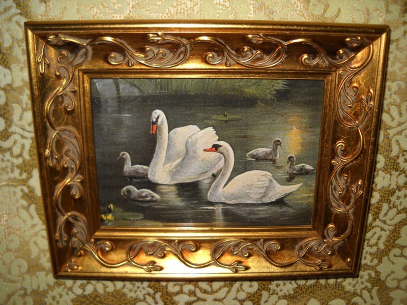 SWAN FAMILY MOONLIGHT SWIM 5 X 7 gold frame animal picture Victorian style print