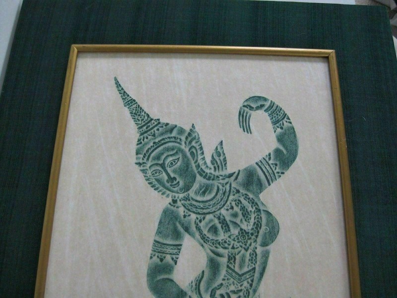 Large Vintage Green Ink Thai Temple Rubbing Framed "Female Classic Dancer" gallery