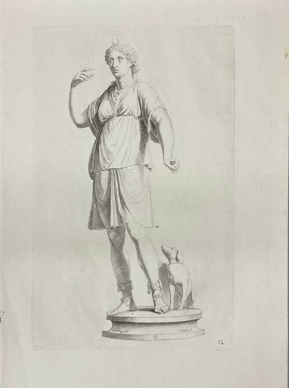 T Matham Roman Statue with Dog Original Print Circa 1690's