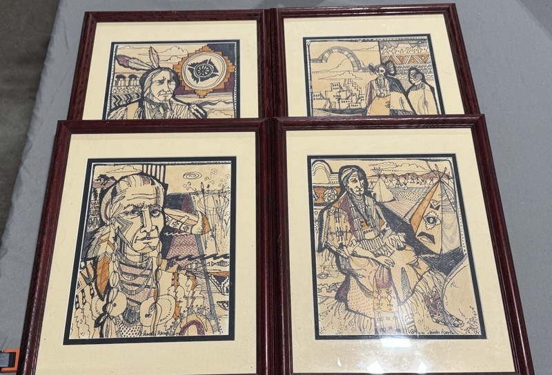 Vintage 1977 Hand-Pulled Art Prints, Native American–Inspired Imagery, Set of 4