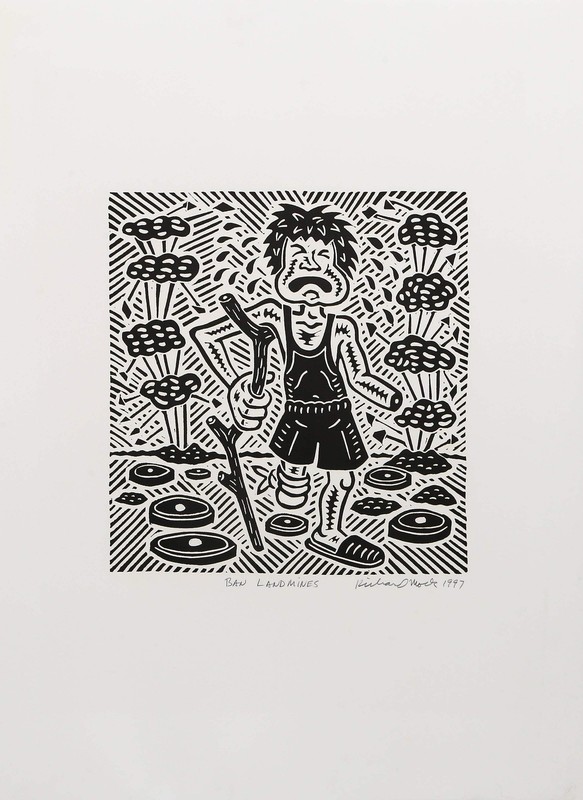 Richard Mock, Ban Landmines, Linocut on BFK Rives, signed, titled, numbered and gallery