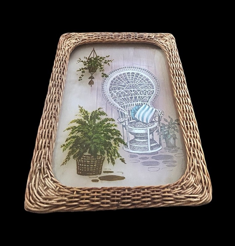 Vtg Boho Peacock Wicker Chair Picture Reverse Painted Glass Fern 13″ x 10″