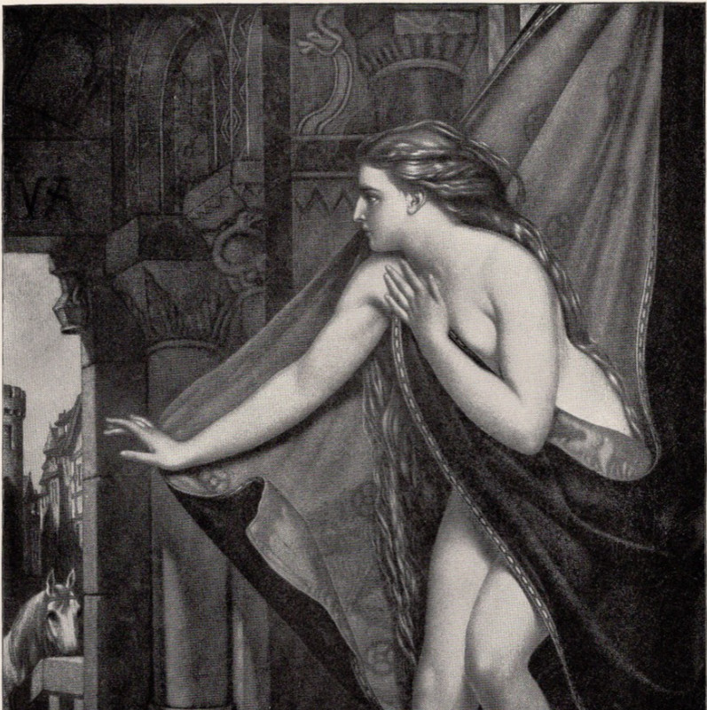 Godiva Medieval Lady at Castle Balcony Historical Scene 1892 Antique Print