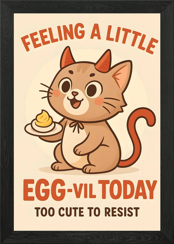 Cute Devil Cat with Egg-vil Pun Framed Wall Art Poster Canvas Print Picture