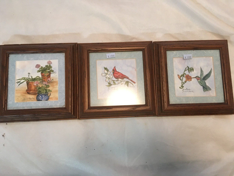 3 Jeanne Mack Framed/Signed Original Art : Cardinal, Humming Bird & Gardenias