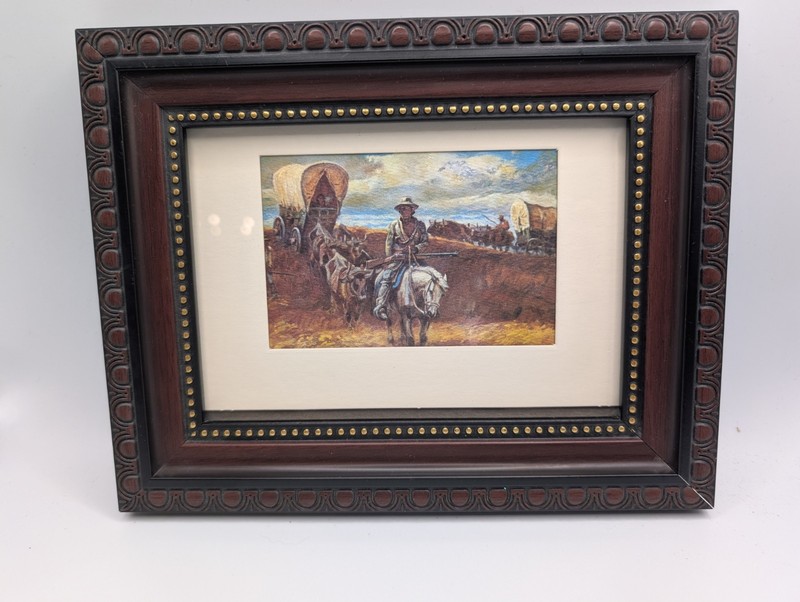 Vintage Western Cowboy Ornately Framed Print 7×9″ Covered Wagon, Horses