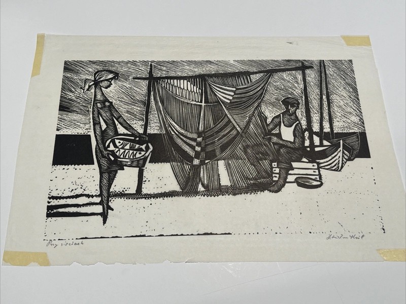 Zdsizlaw Krol Woodcut Woodblock Print WPA Style Beach Coast Fisherman Portrait