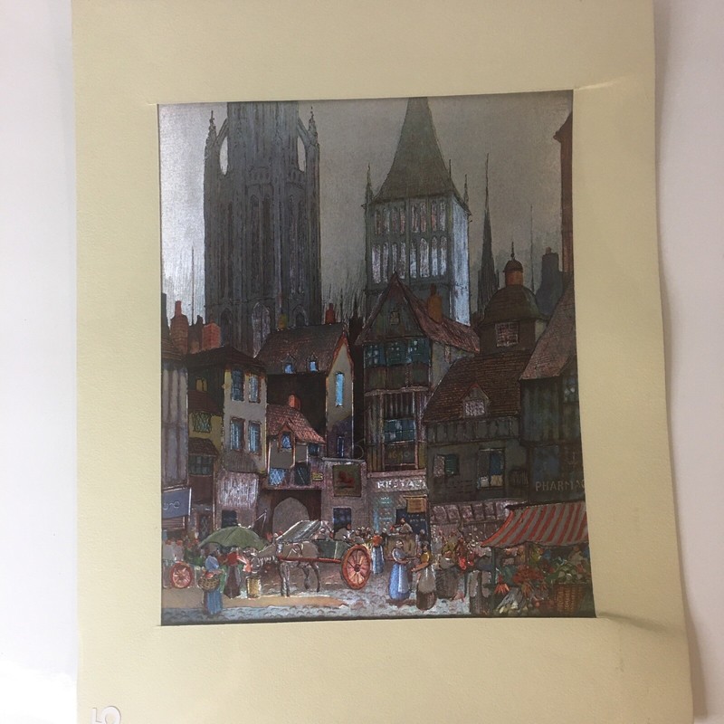 VTG Metallic Silver Etched Foil Art Print The Old Market Street Scene England gallery