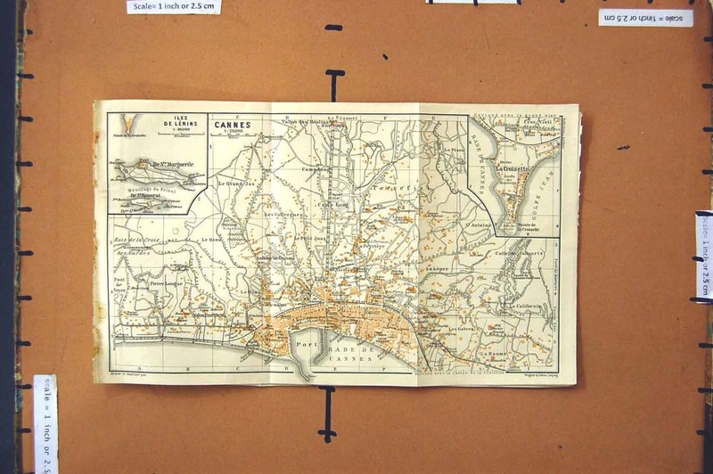 Old Antique Print Map 1907 Street Plan Town Cannes France Iles De Lerins 20th