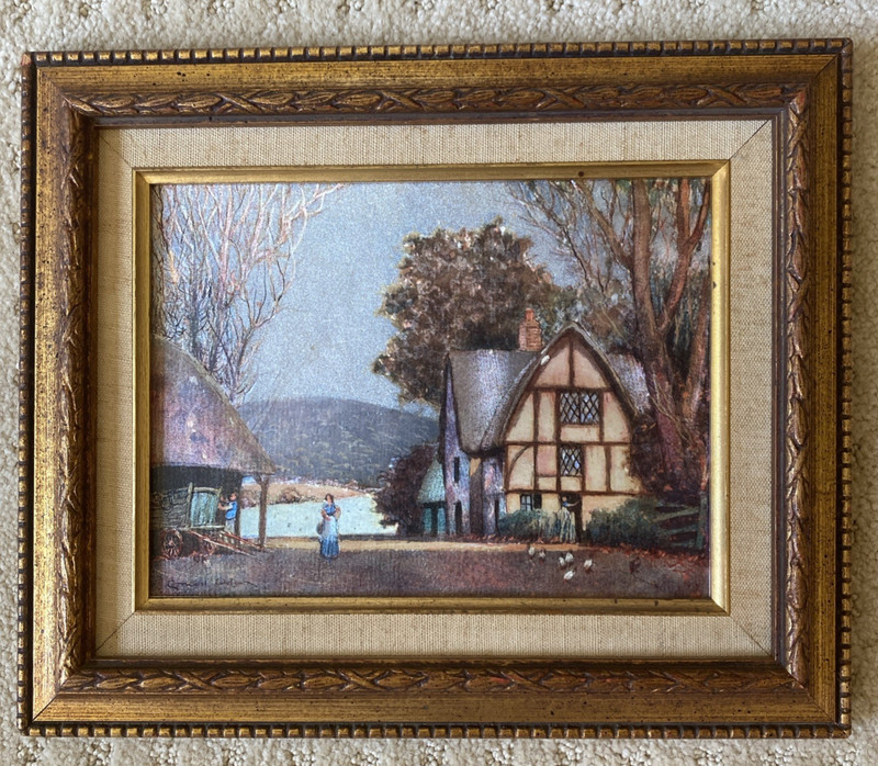 Mid-Century Vintage Framed Foiled Lithograph Cottage Made Lake Original Art