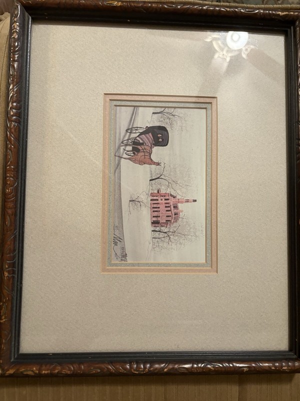 Vintage HORSE SLEIGH / WINTER SCENE Framed SIGNED LITHOGRAPH Print / GERMANY