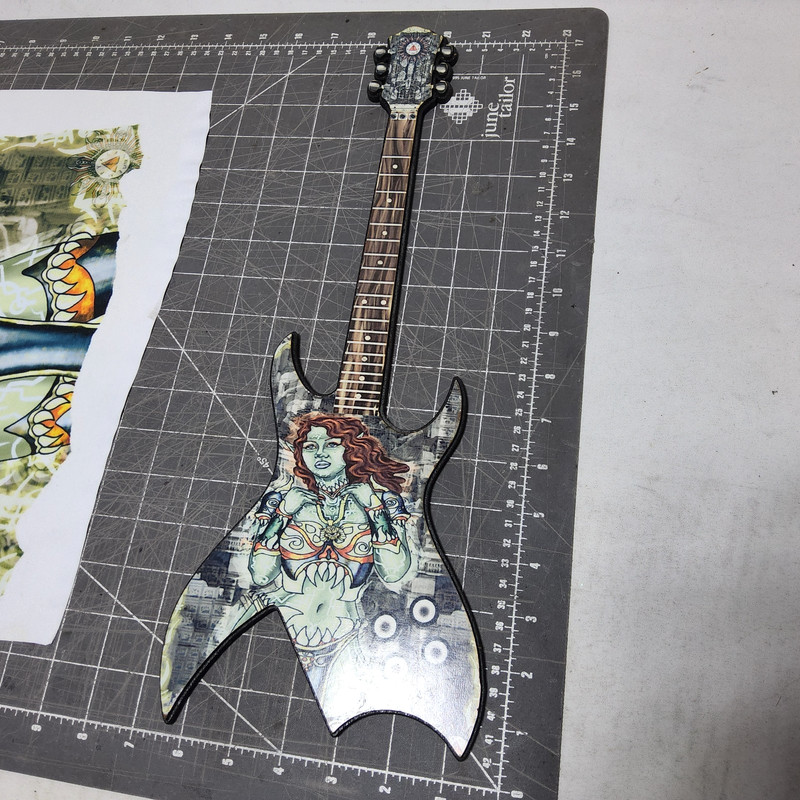 Combo set thick warrior green female 12x19 digital art print & 7x17 mini guitar gallery