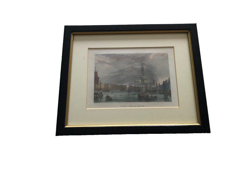 West India Dock hand colored image 4 1/8 x 5 7/8 in. matted and framed